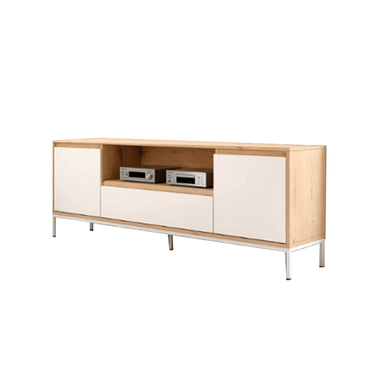 Mueble TV roble detalles blancos