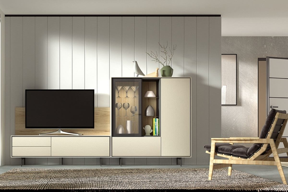 SALÓN MODULAR ARIS 278CM. ARENA, GRAFITO Y ROBLE.