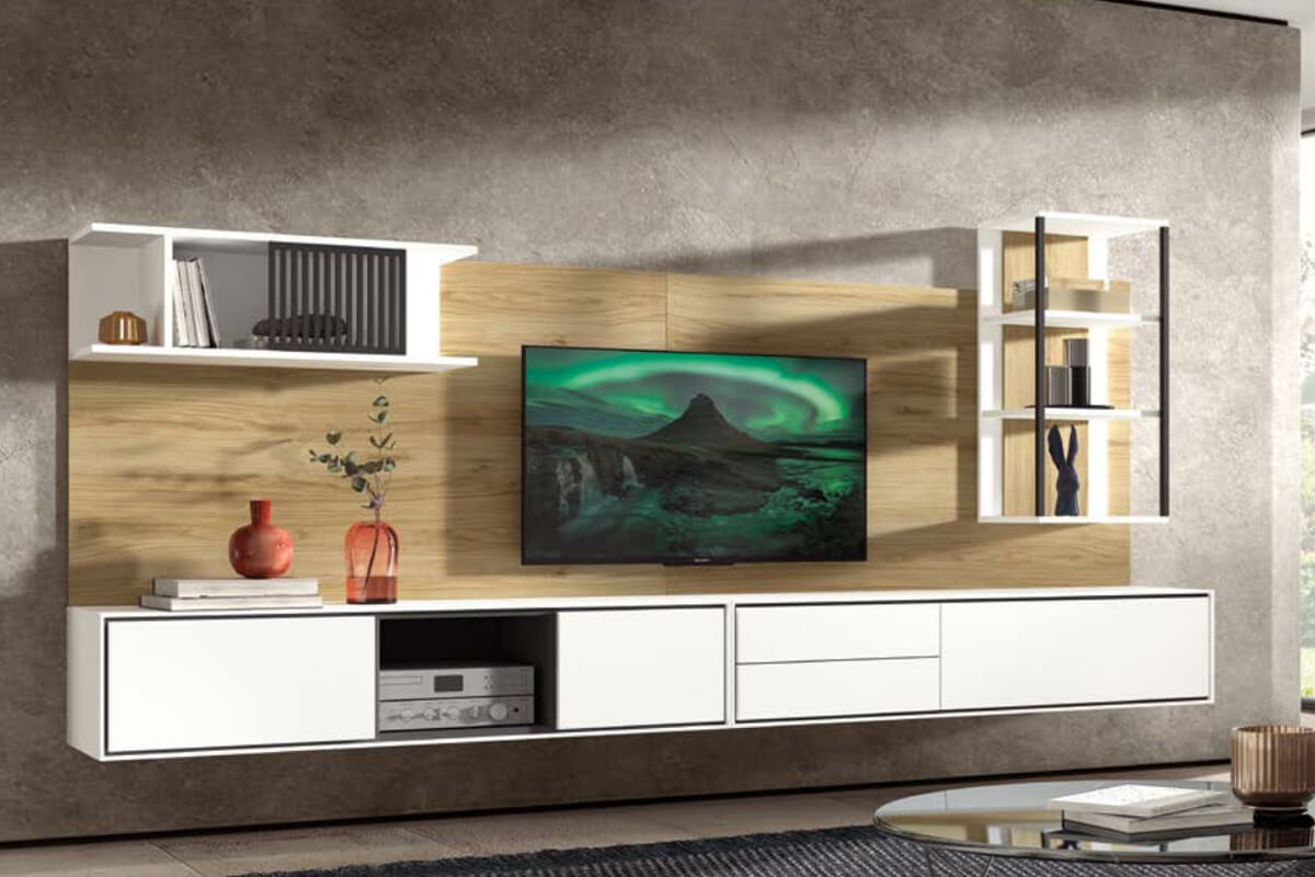 Salón modular ARIS 308cm. Blanco, Roble y Grafito.