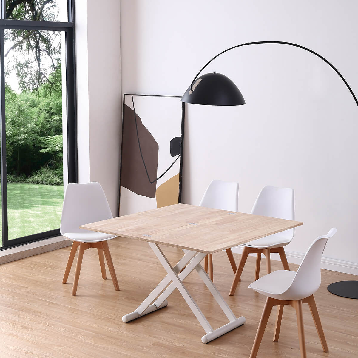 Mesa centro convertible en mesa comedor blanco y roble