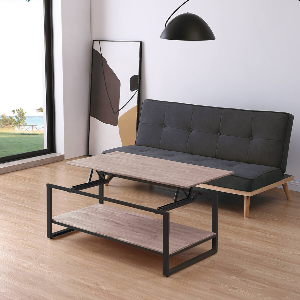 Mesa de centro elevable roble y negro