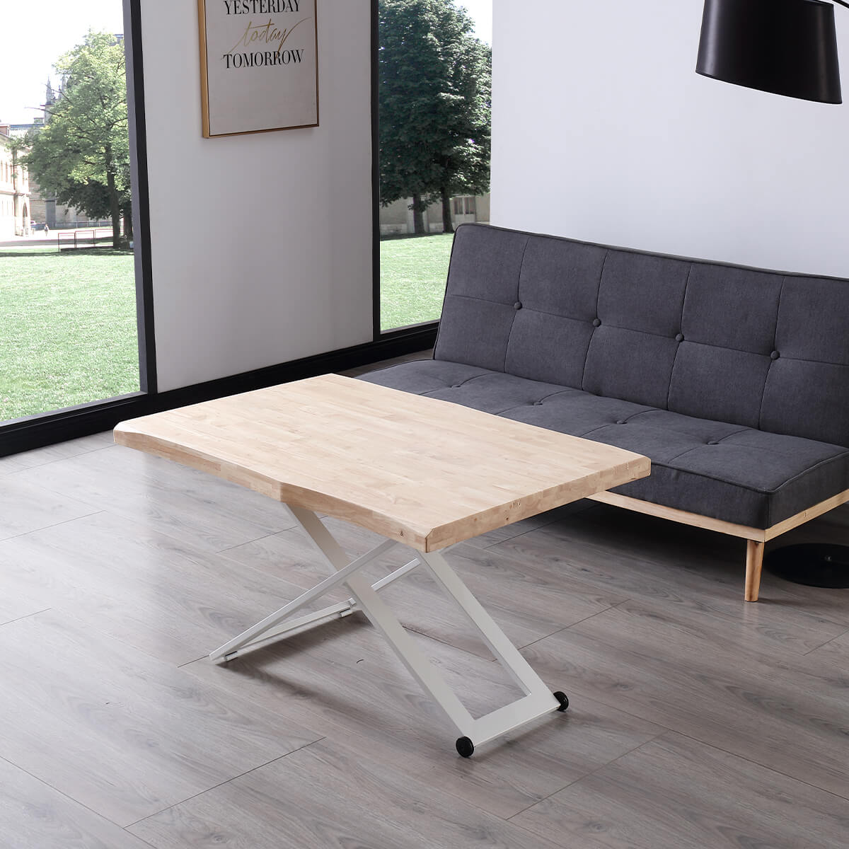 Mesa centro elevable con forma blanco y roble