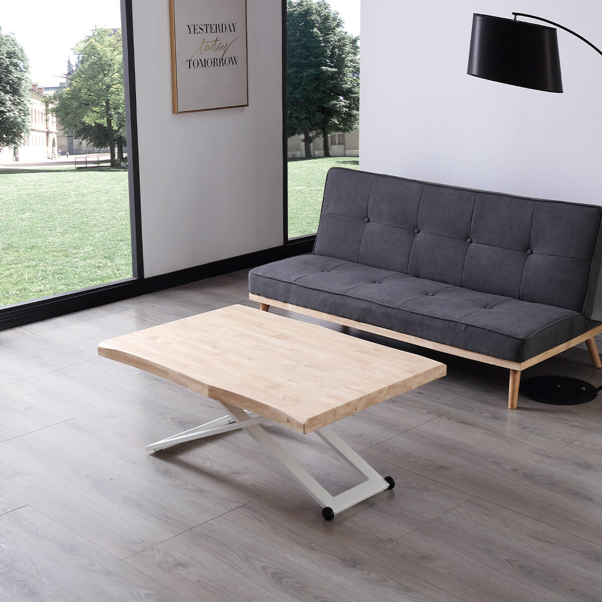 Mesa centro elevable con forma blanco y roble