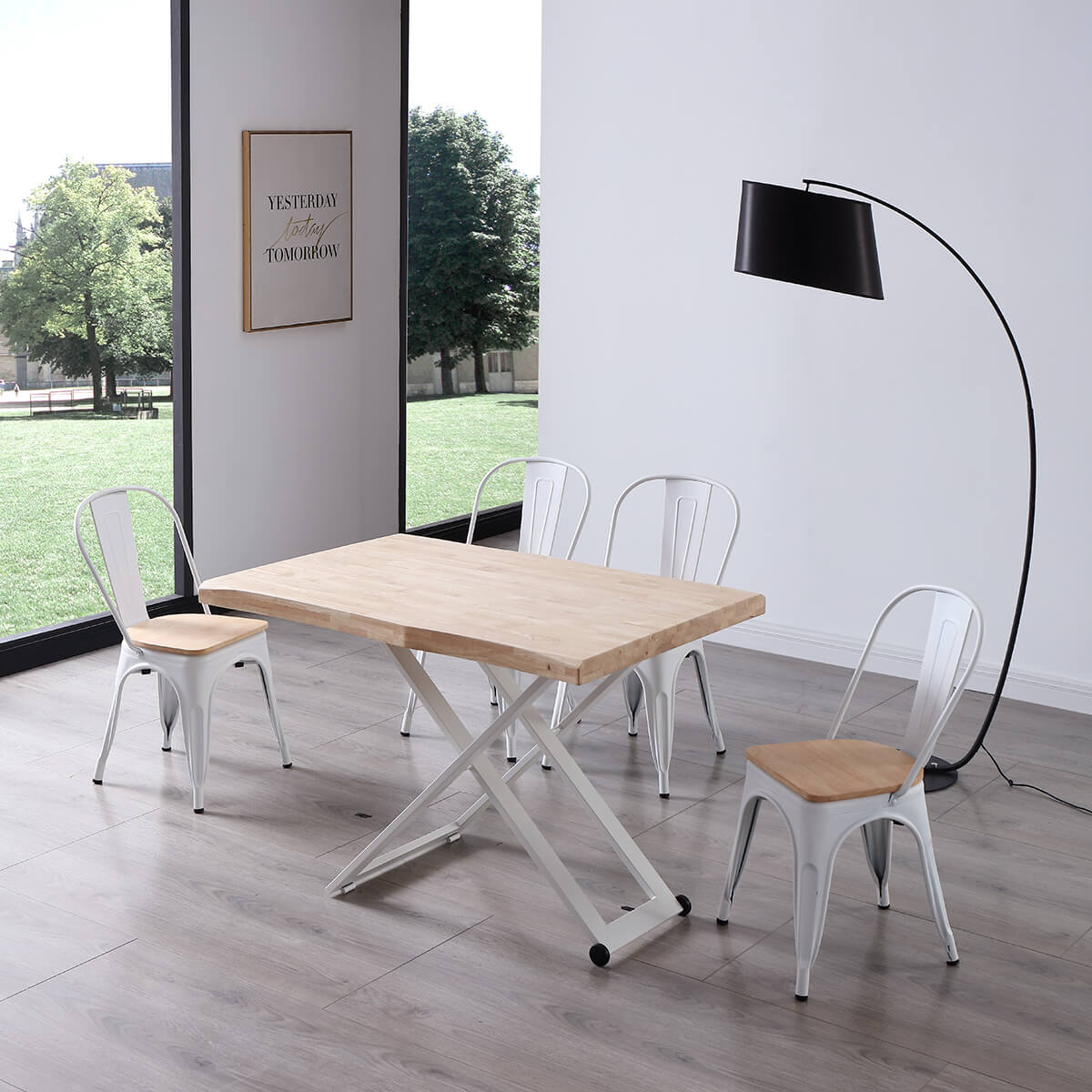 Mesa centro elevable con forma blanco y roble