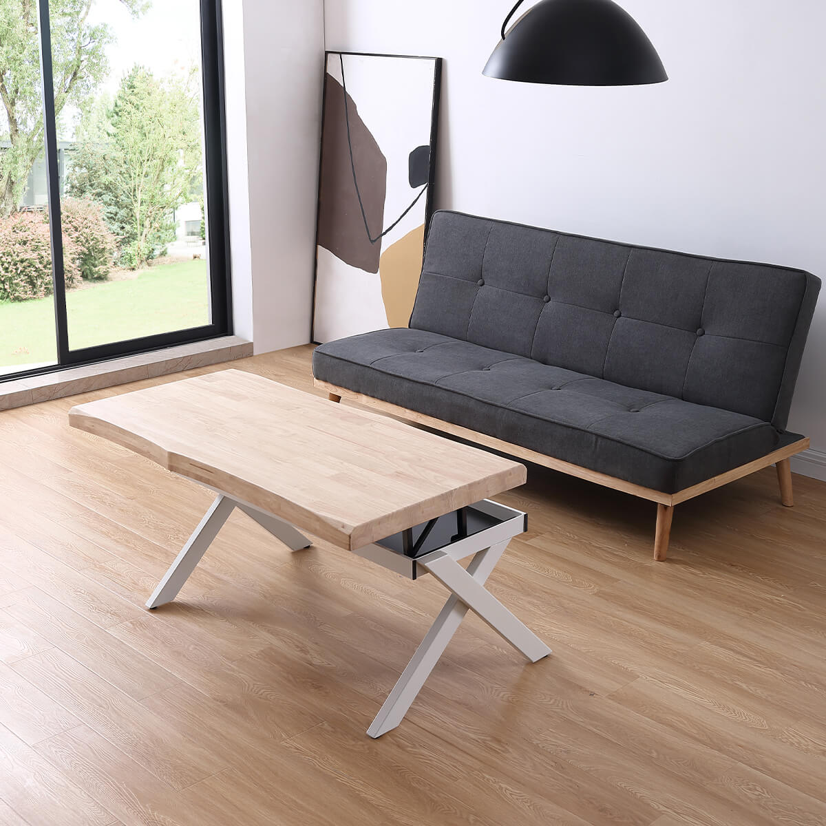 Mesa centro tapa elevable con forma blanco y roble
