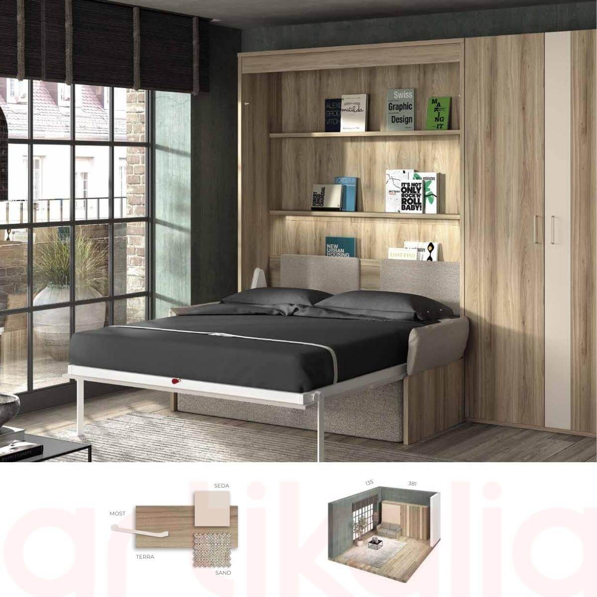 Cama abatible vertical sofá brazos madera