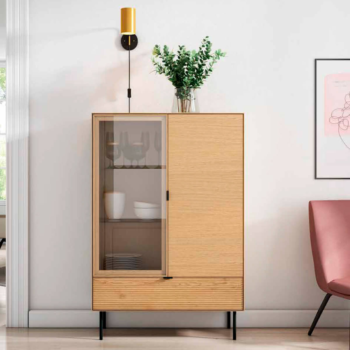 Aparador vertical madera natural vitrina