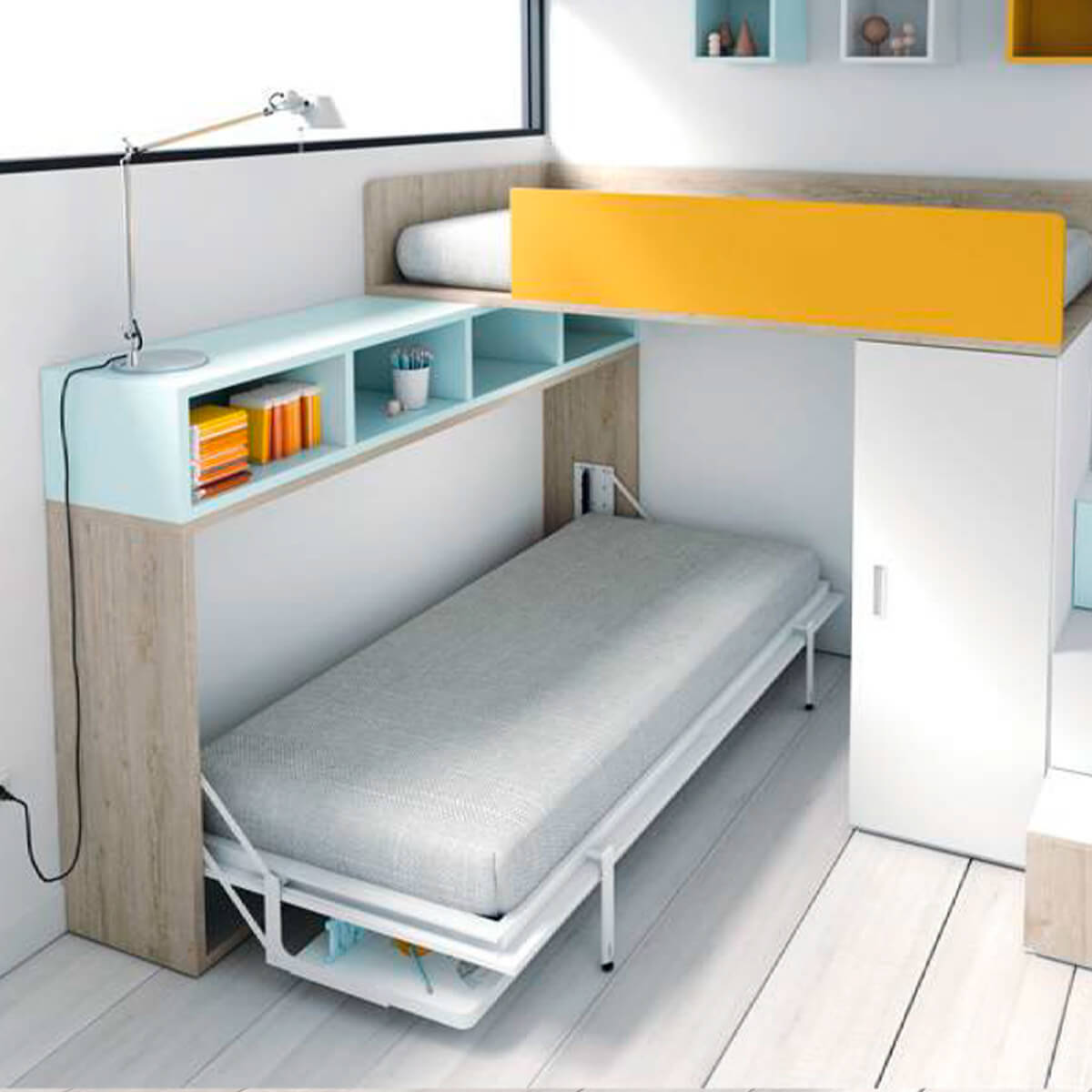 Cama abatible horizontal estantería cubos